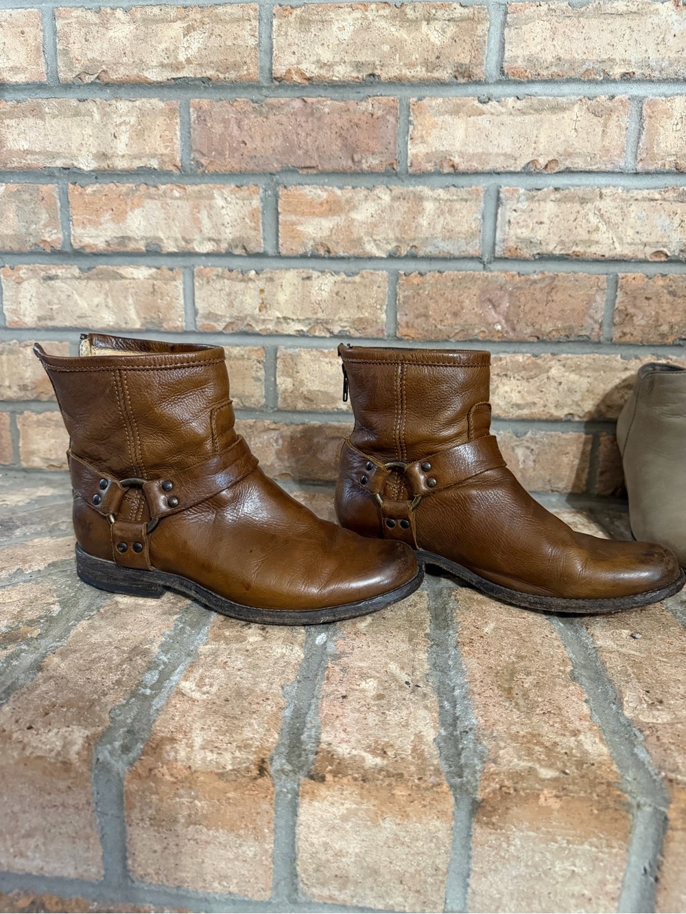 Frye Cognac Brown Leather Harness Ankle Boots